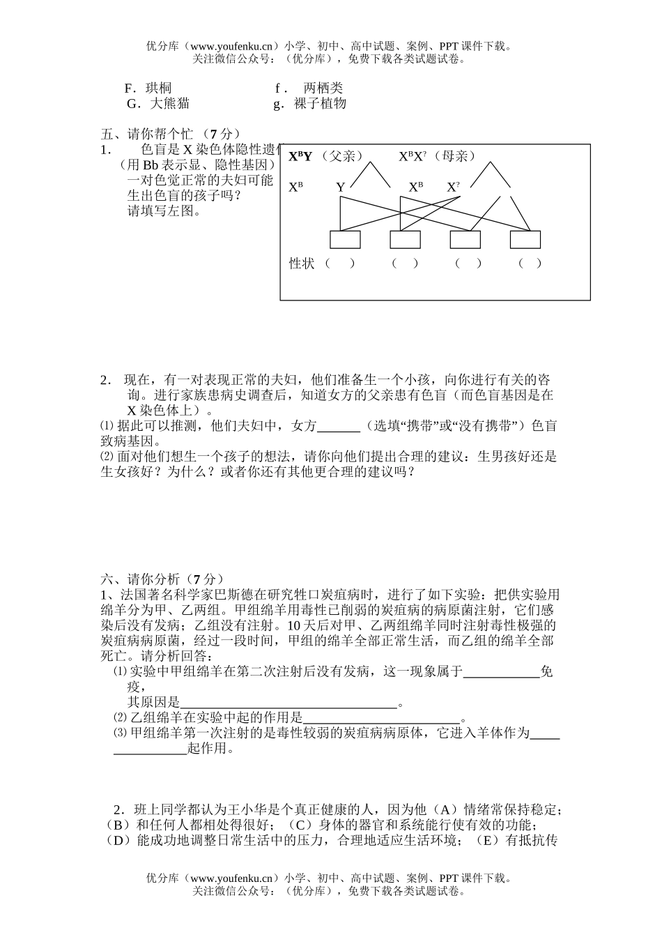 初中九年级生物外国语学校综合练习试卷_第3页