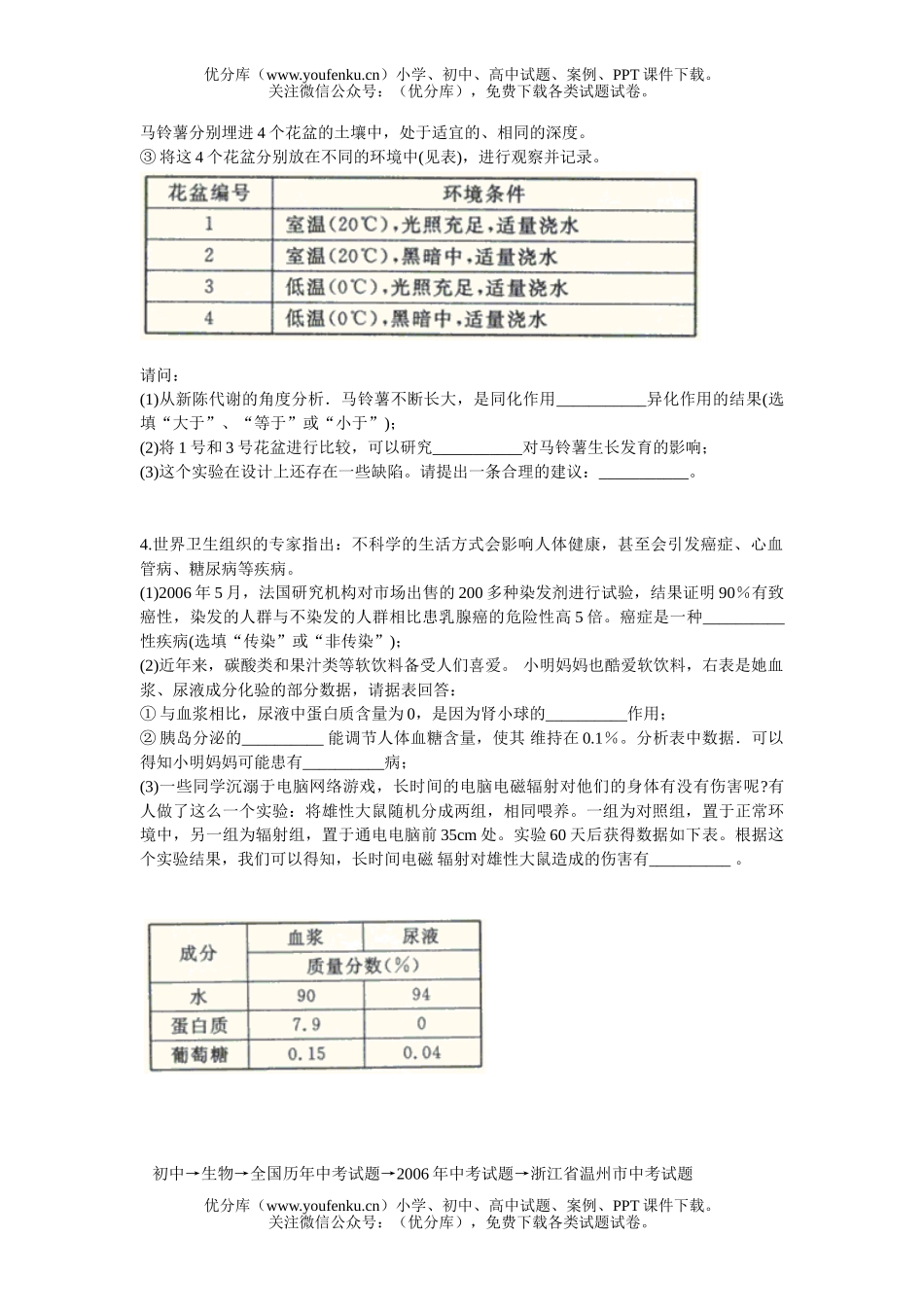 初中九年级生物2006年浙江省温州市中考试卷_第1页