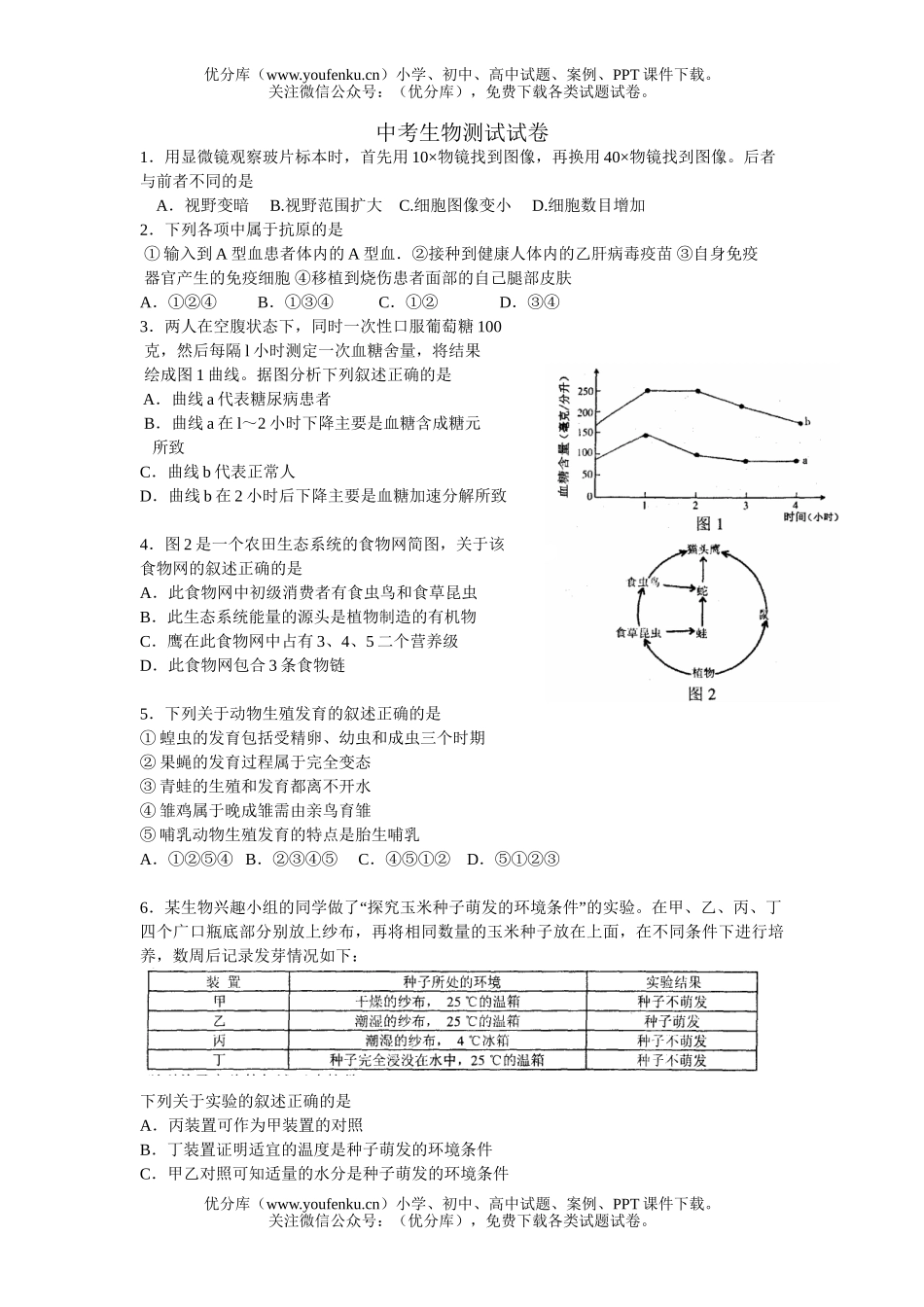初中九年级生物中考测试卷_第1页