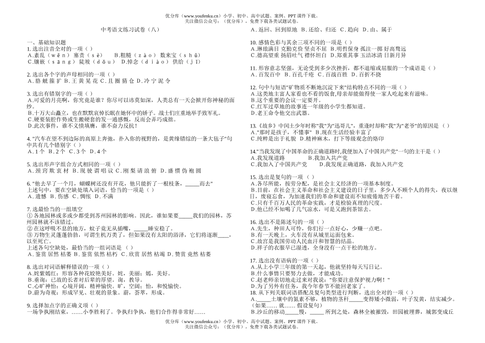 初中语文中考中考练习(八)试卷_第1页