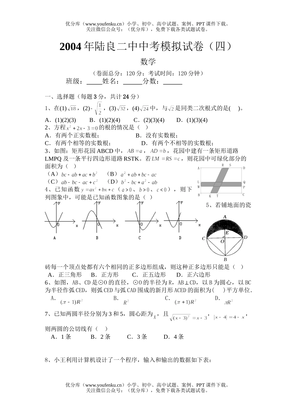 初中数学中考2004年中考模拟试卷_第1页