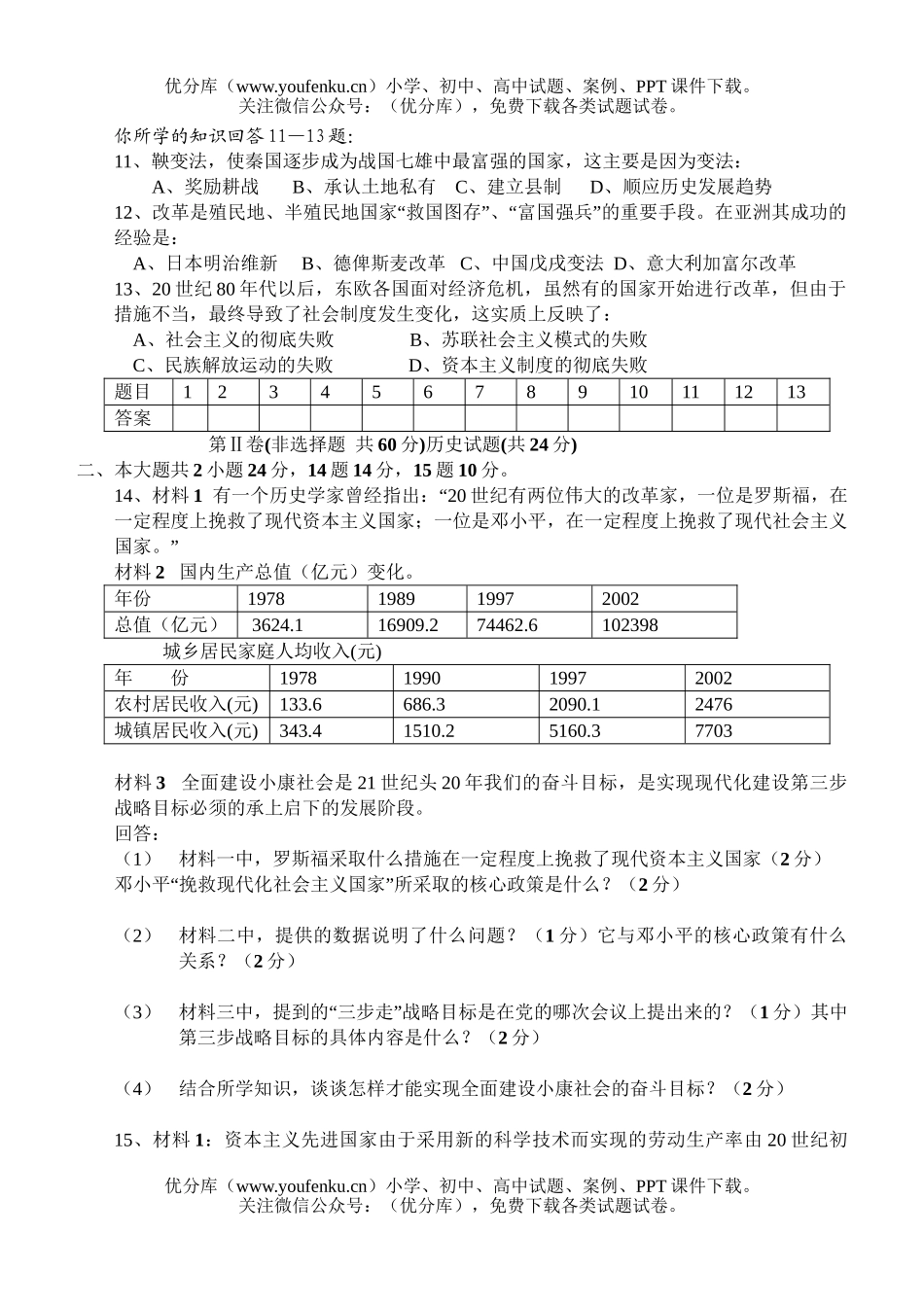 初中九年级历史中考模拟试卷_第2页
