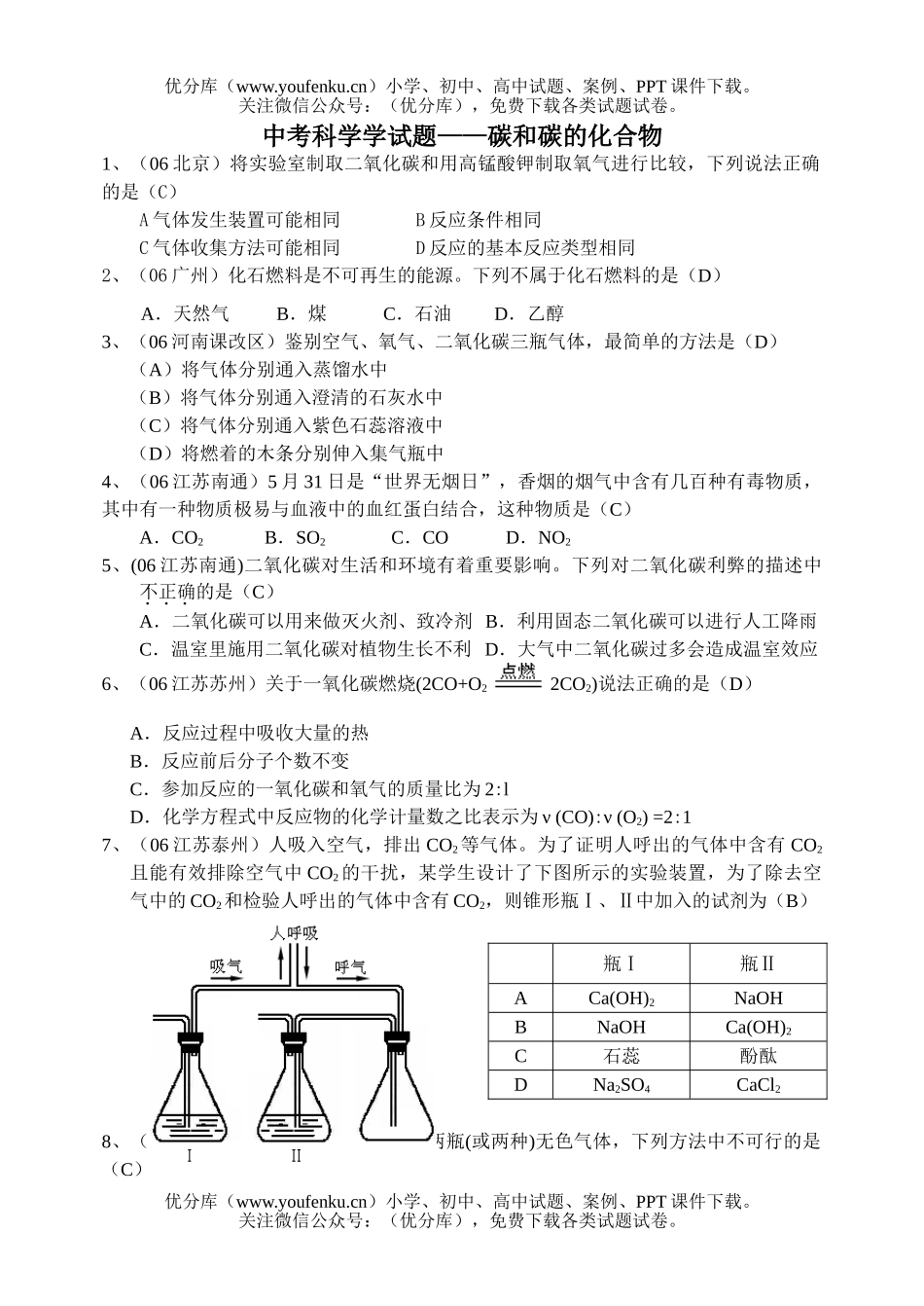 初中九年级科学中考学-碳和碳的化合物试卷_第1页