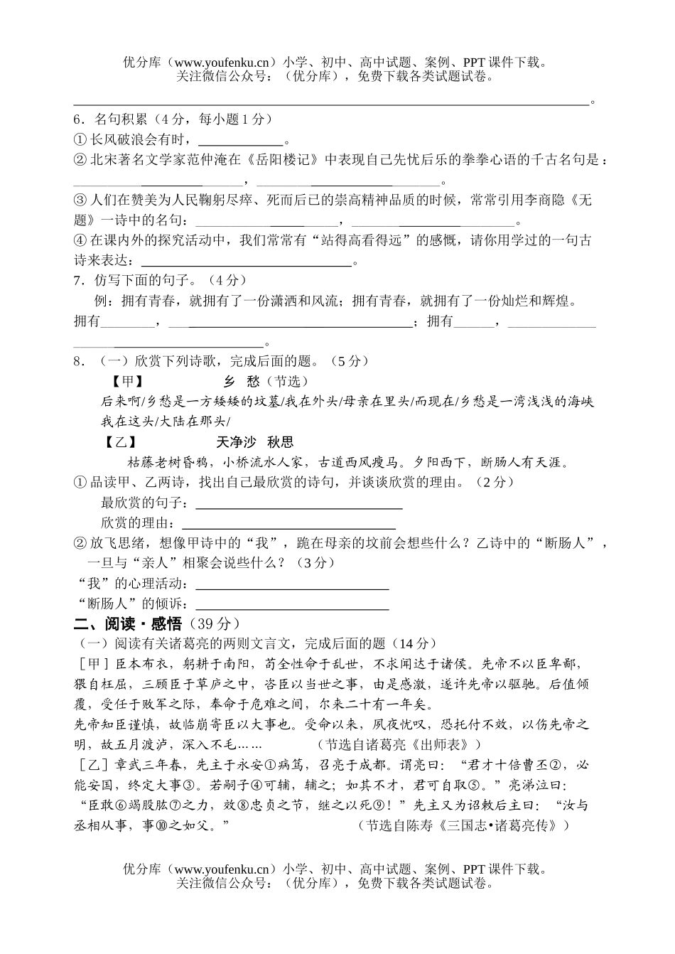 初中语文中考2006年中考仿真模拟试卷_第2页