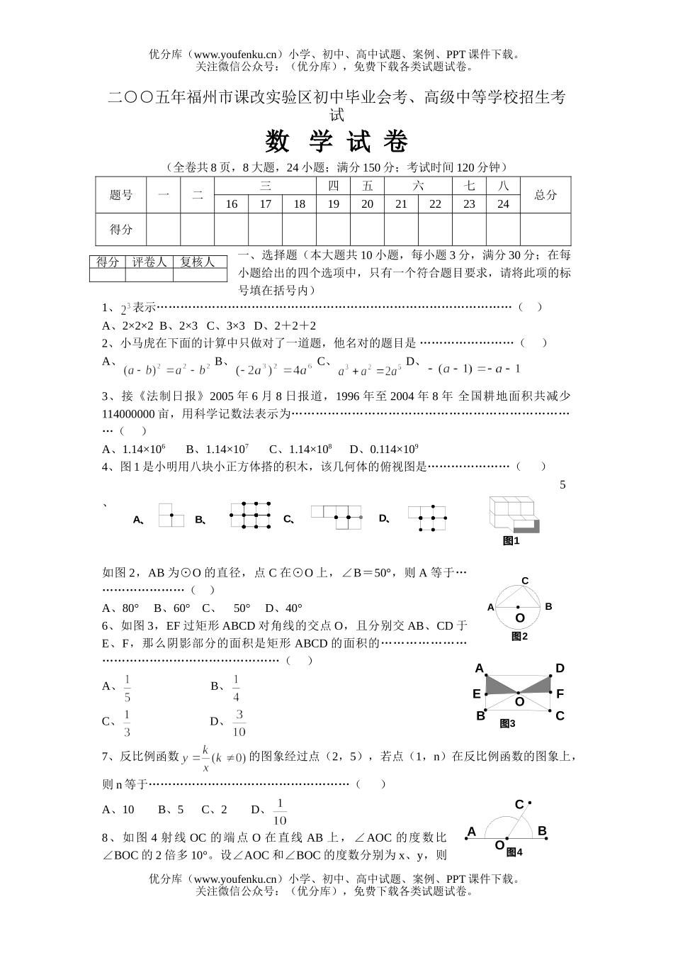 初中数学中考2005年福建省福州中考卷实验区试卷_第1页