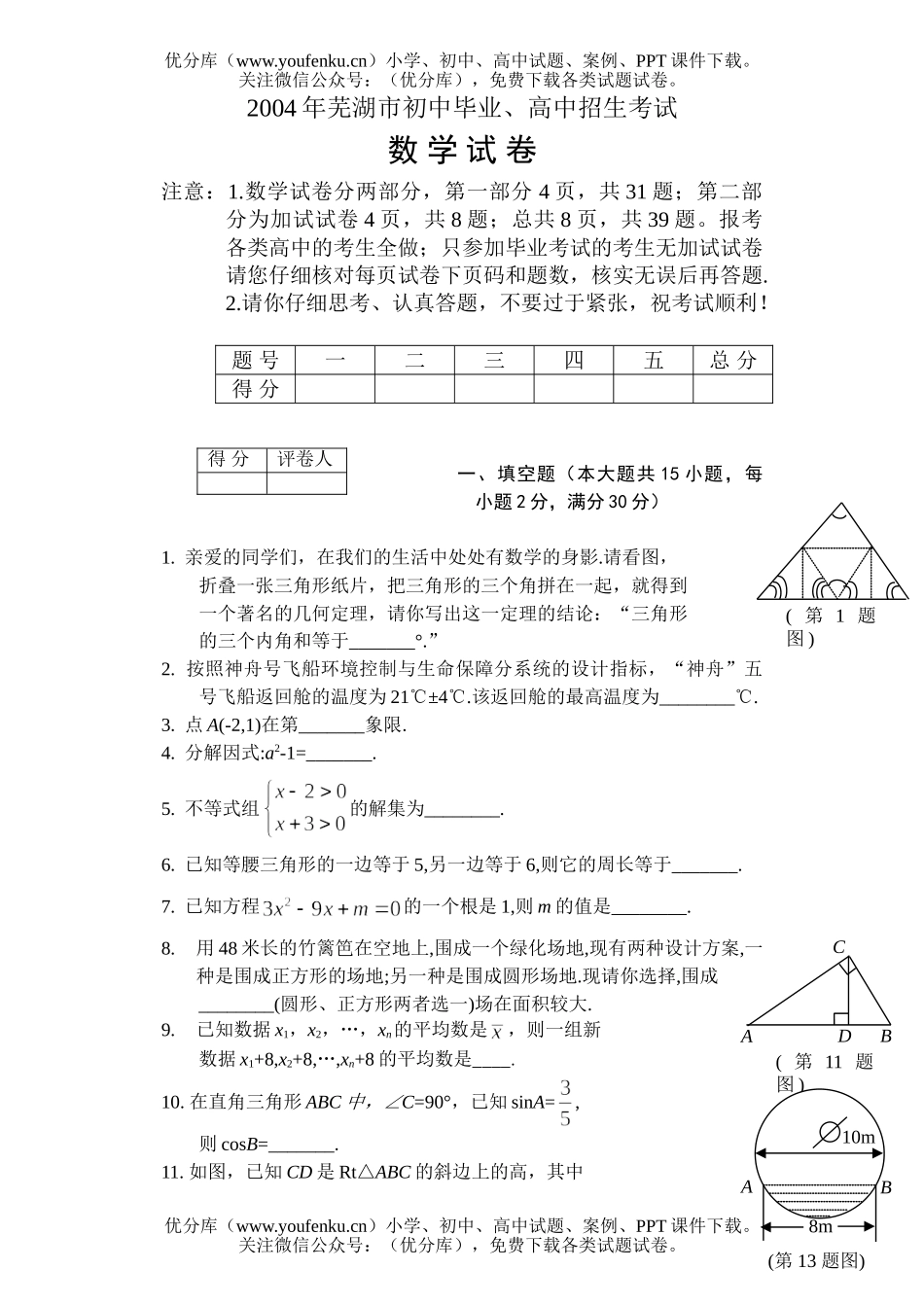初中数学中考芜湖中考试卷_第1页