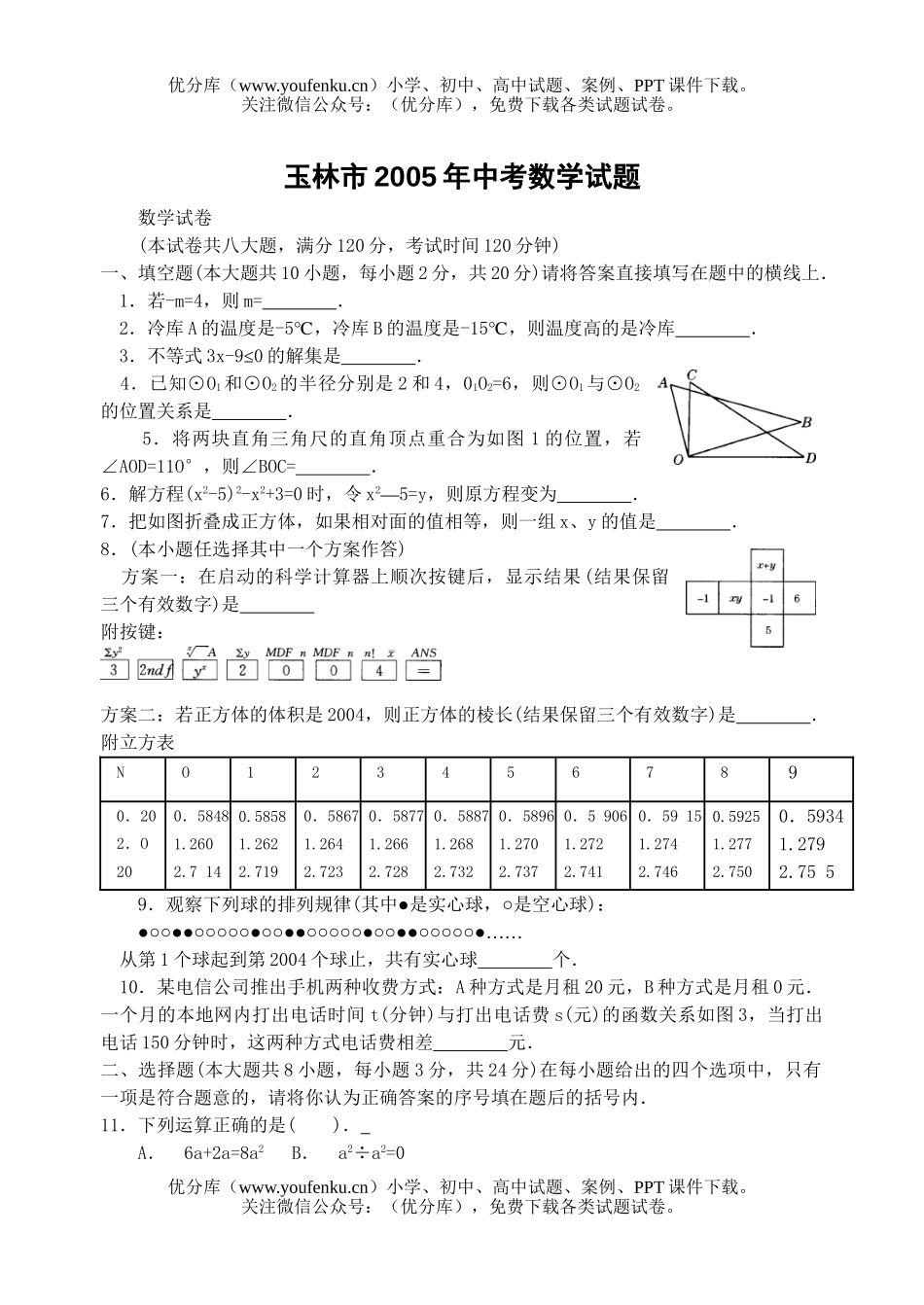 初中数学中考2005年广西省玉林市中考试卷_第1页