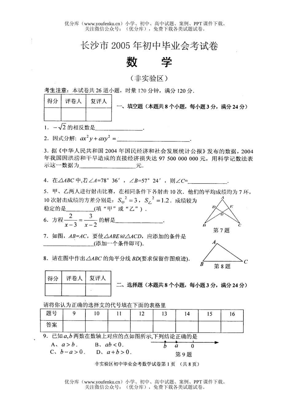 初中数学中考2005年湖南长沙市中考及答案试卷_第1页
