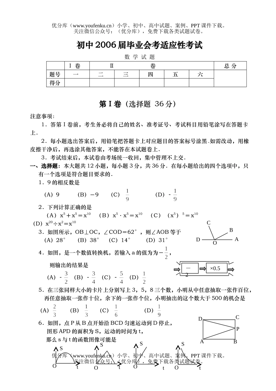 初中数学中考中考模拟题试卷_第1页