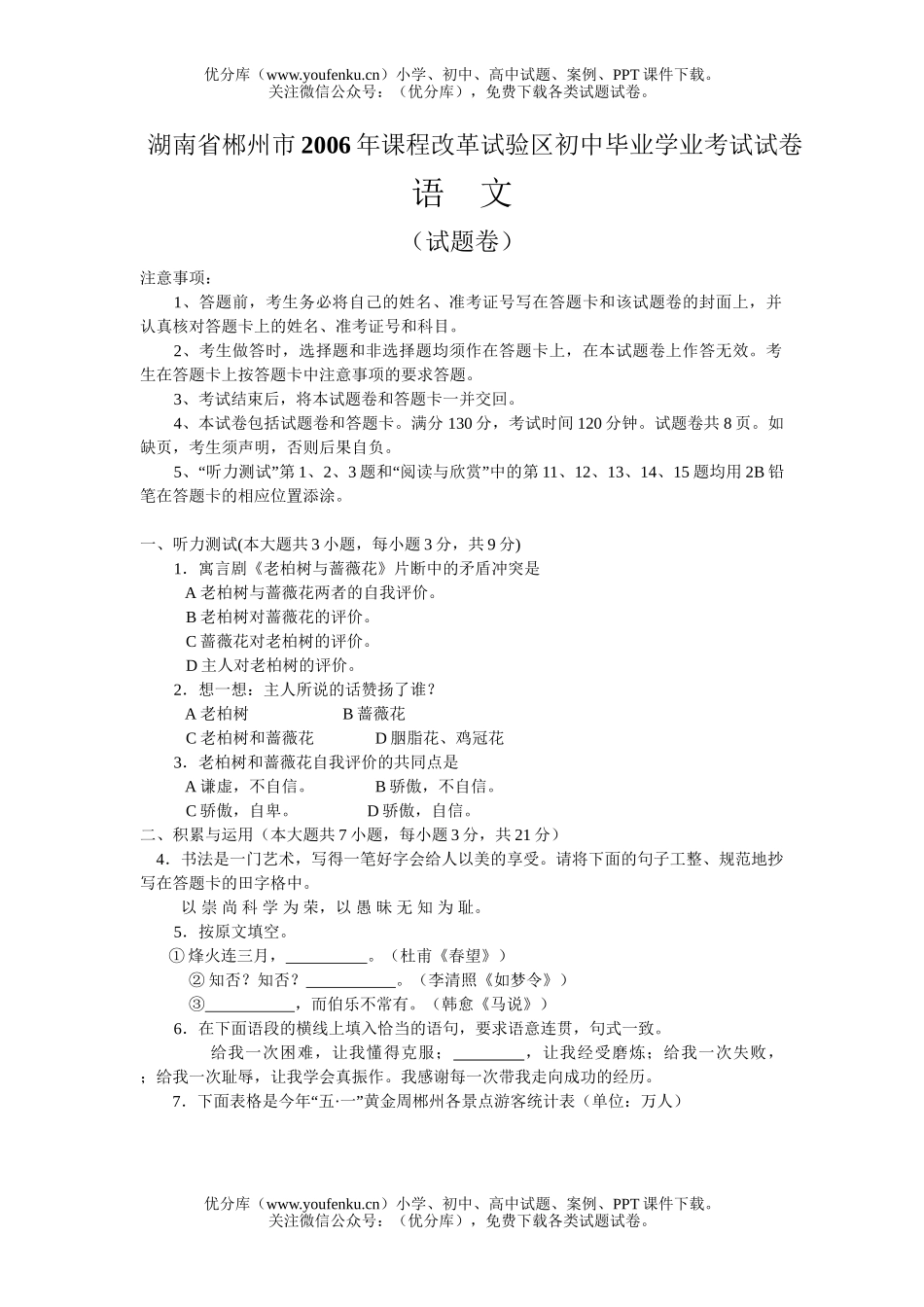 初中语文中考湖南省郴州市2006年课程改革试验区毕业学业考试卷_第1页