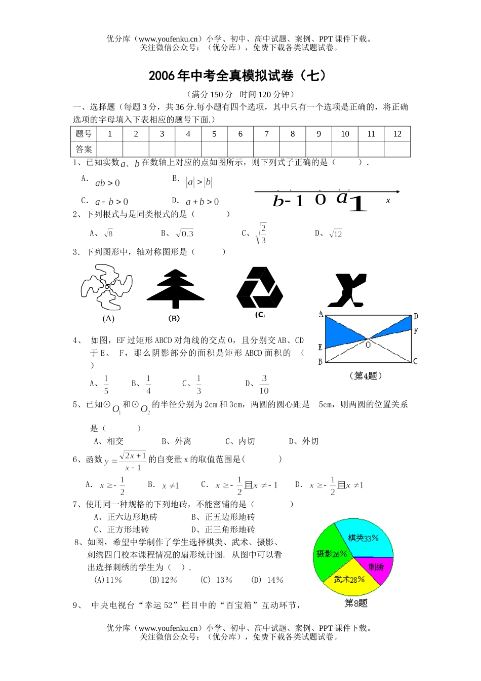 初中数学中考中考全真模拟(7)试卷_第1页