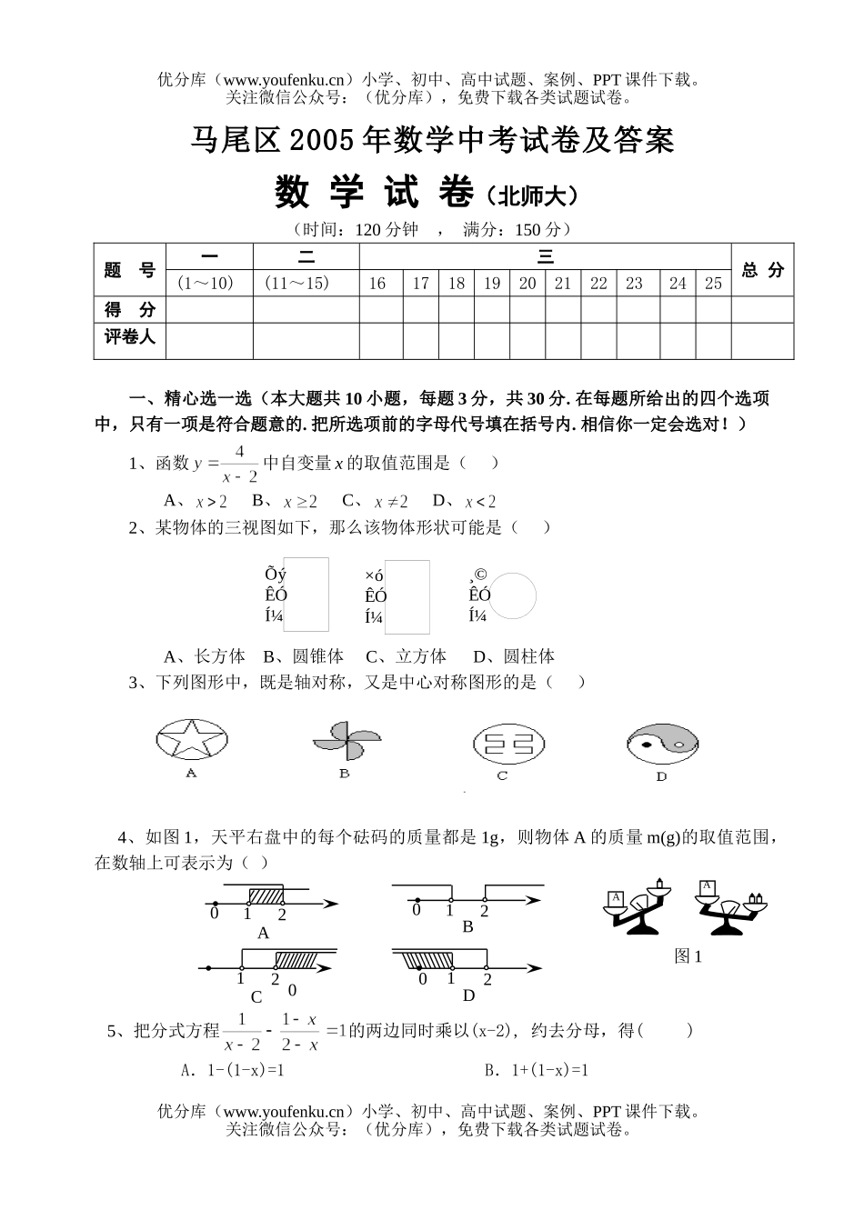 初中数学中考马尾区中考题试卷_第1页