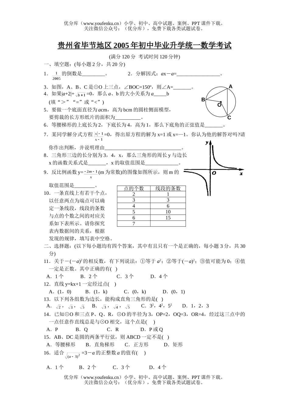 初中数学中考贵州省毕节地区中考及答案试卷_第1页