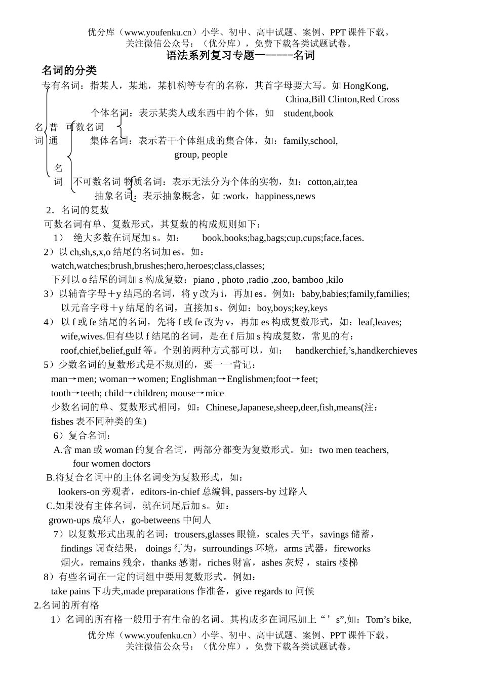 初中英语中考中考语法系列复习专题名词试卷_第1页