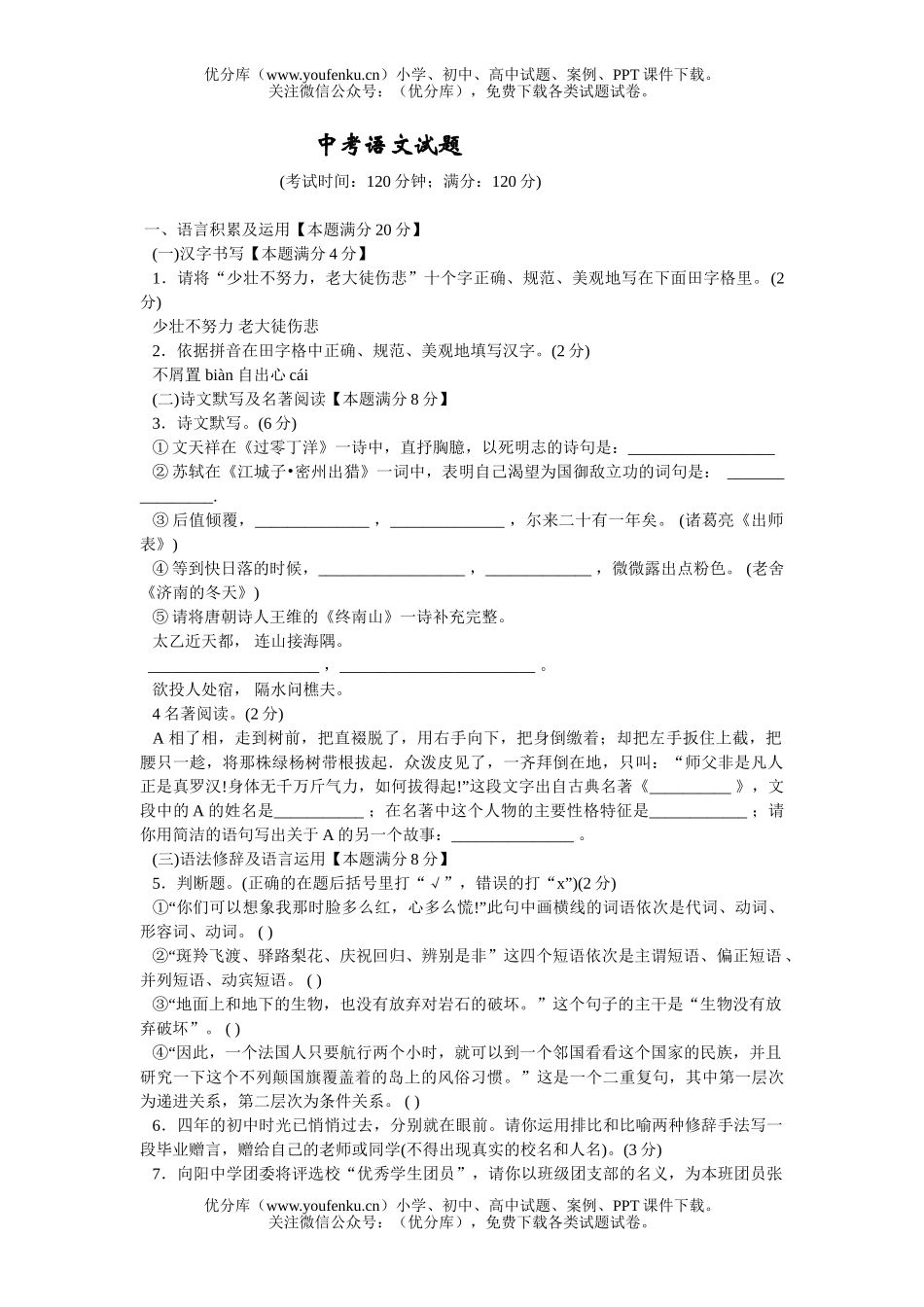 初中语文中考中考试卷_第1页