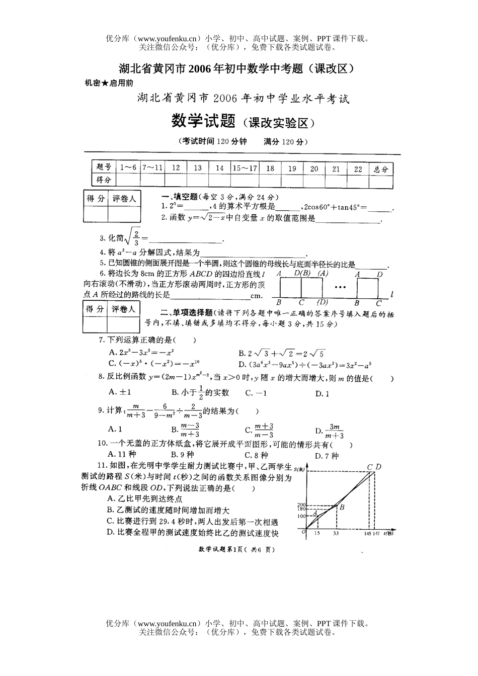初中数学中考2006 黄冈市中考题试卷_第1页