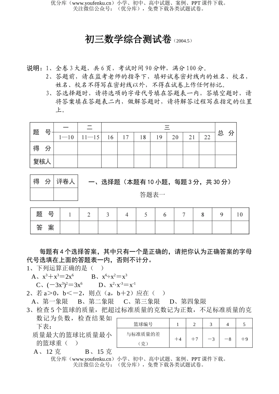 初中数学中考中考模拟及答案试卷_第1页