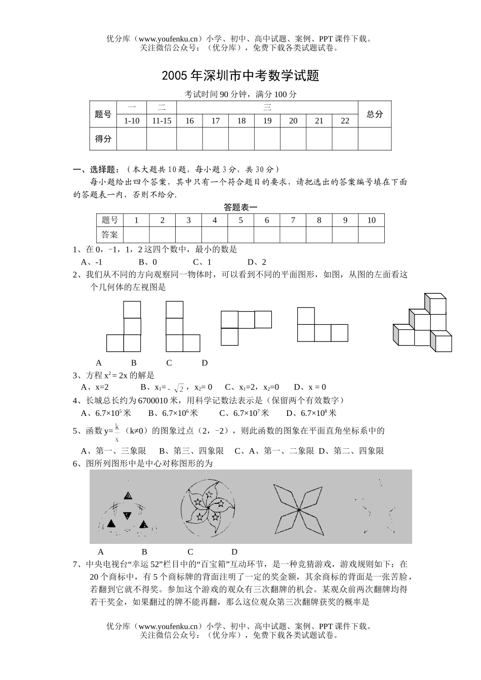 初中数学中考深圳市中考试卷_第1页