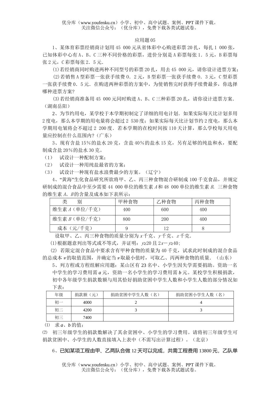 初中数学中考全国中考题选(应用题)试卷_第1页