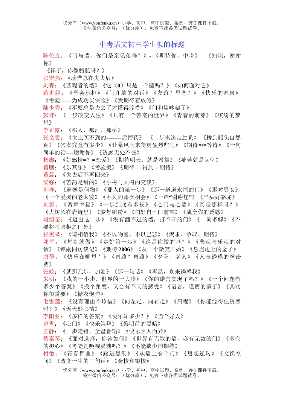 初中语文中考中考学生拟的标题试卷_第1页