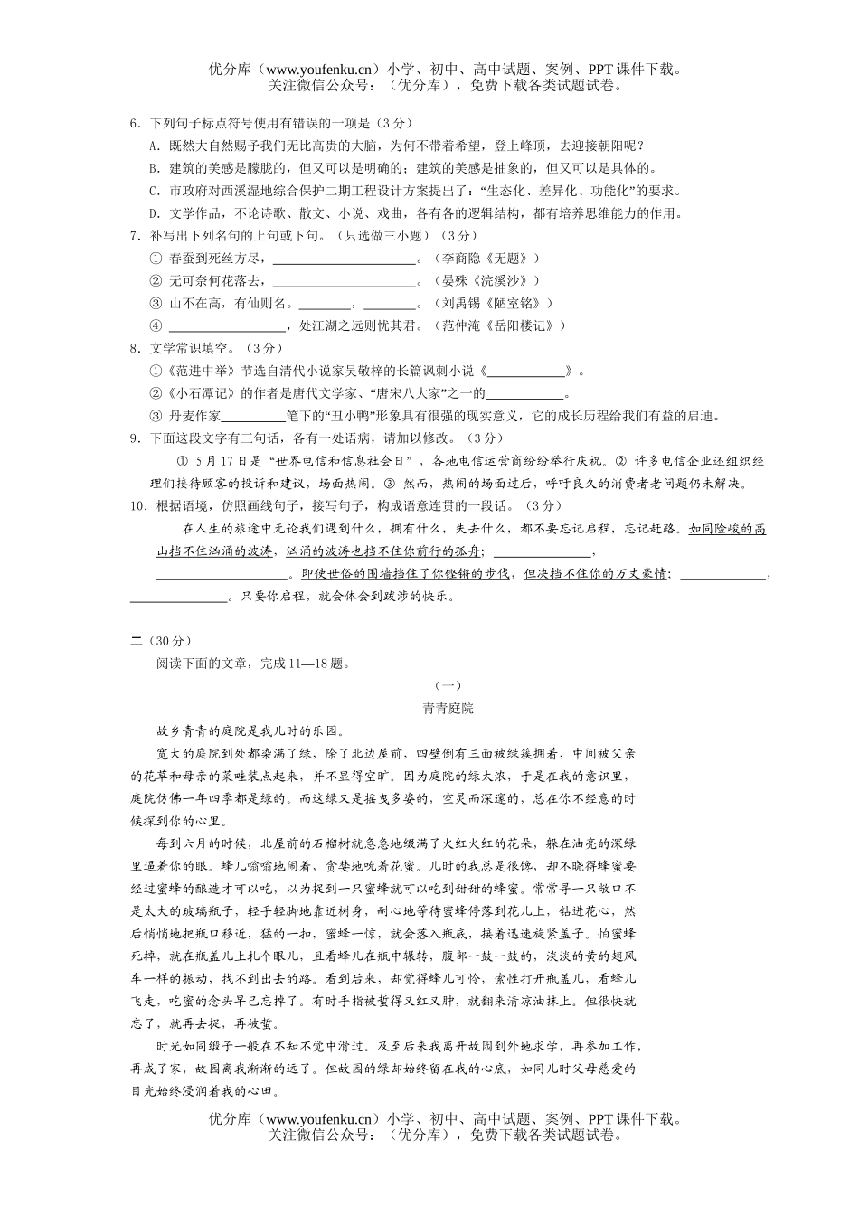 初中语文中考招生文化考试卷_第2页
