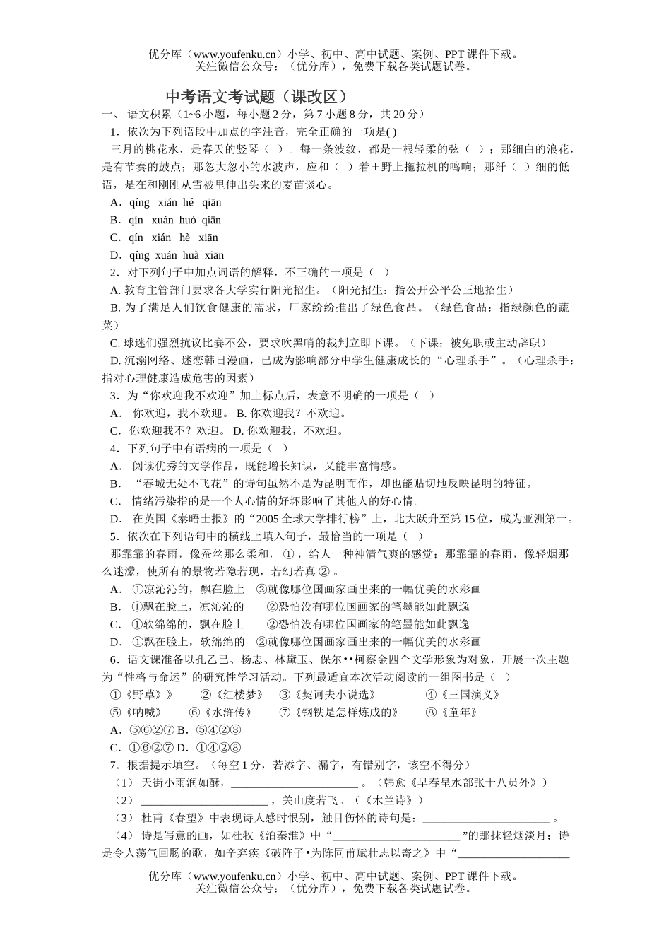 初中语文中考中考考试卷_第1页