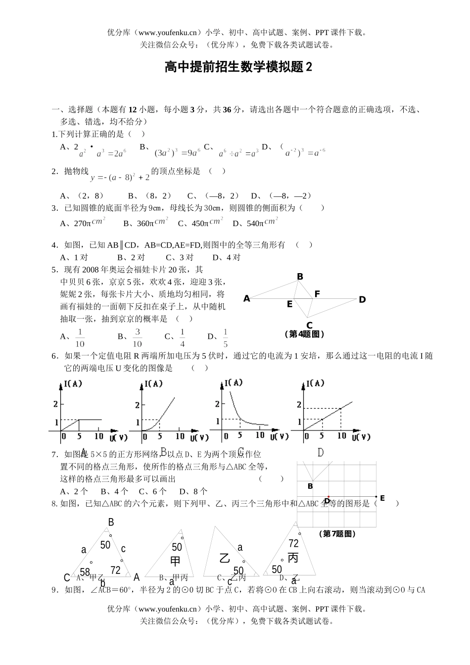 初中数学中考提前招生模拟题2试卷_第1页