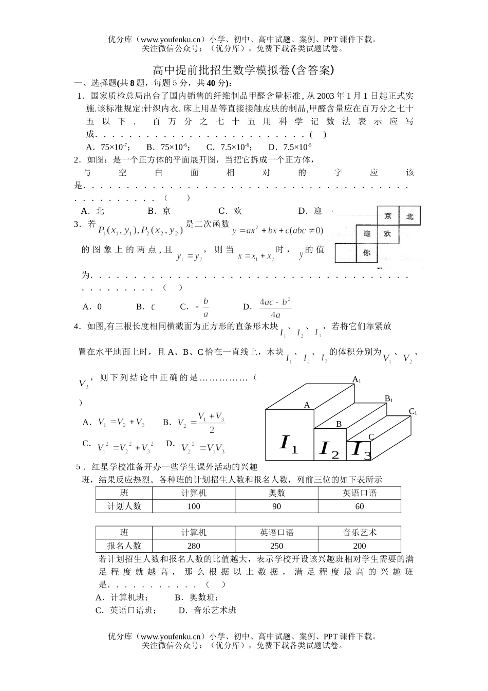 初中数学中考提前批招生模拟卷(含答案)试卷_第1页