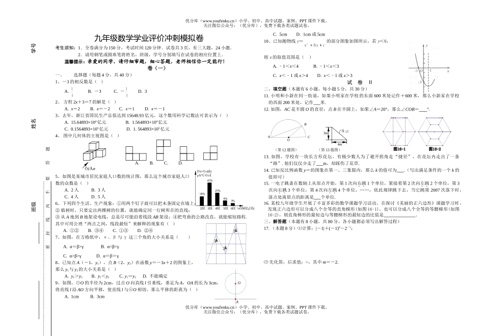 初中数学中考学业评价冲刺模拟试卷_第1页