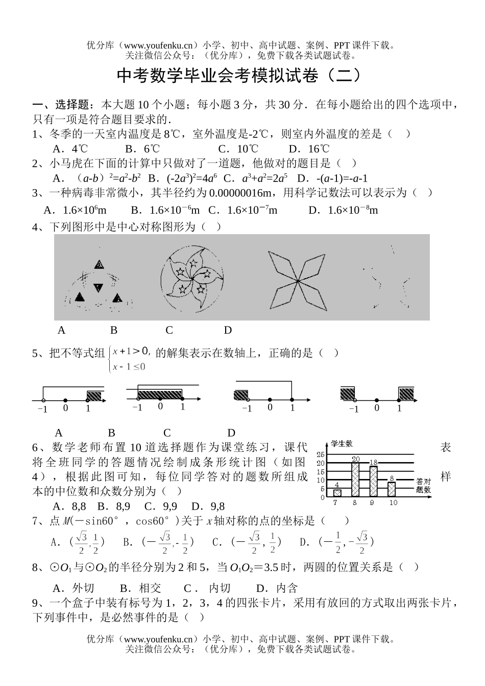 初中数学中考中考毕业会考模拟(二)试卷_第1页