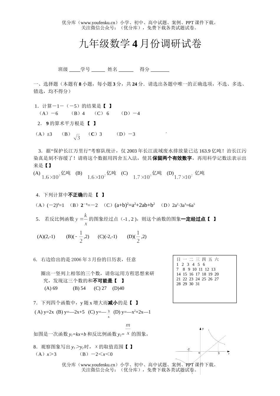 初中数学中考4月份调研试卷_第1页