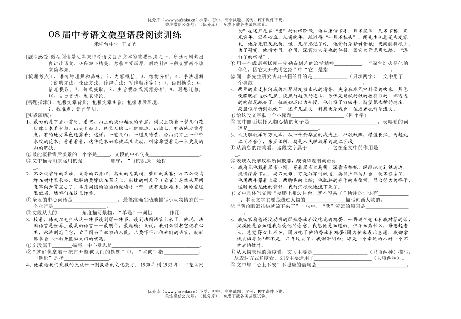 初中语文中考08届中考微型语段阅读训练试卷_第1页