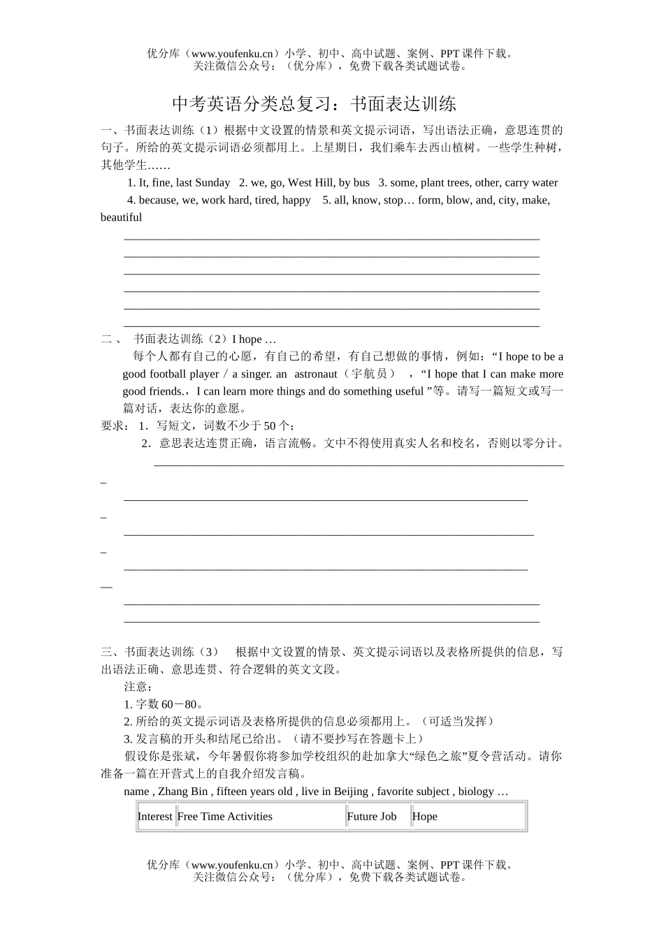 初中英语中考中考书面表达训练试卷_第1页