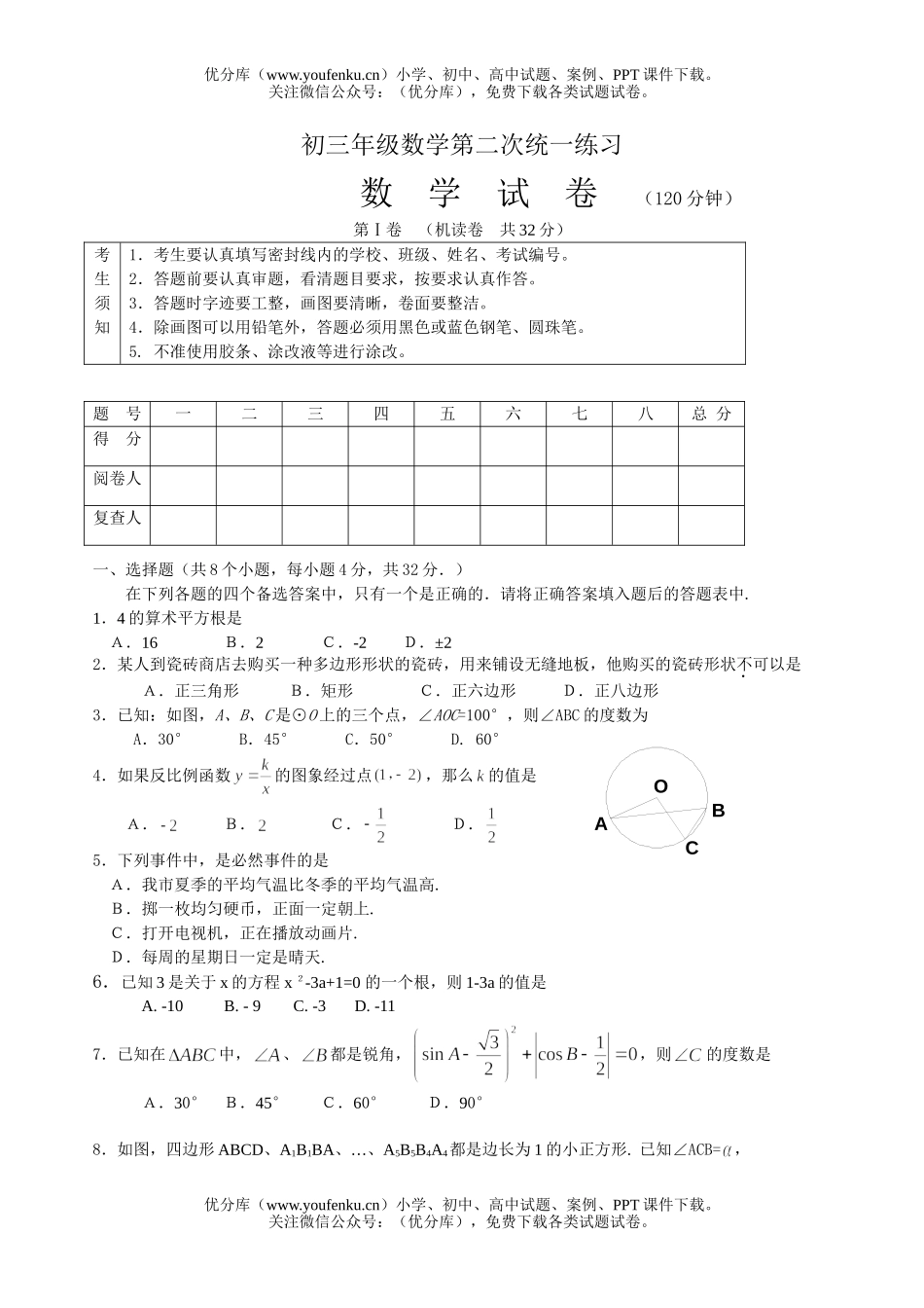 初中数学中考中考第二次统一练习试卷_第1页