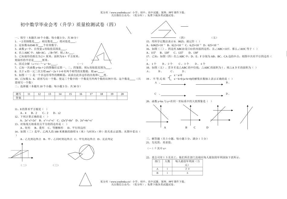 初中数学中考毕业会考(升学)质量检测(四)试卷_第1页