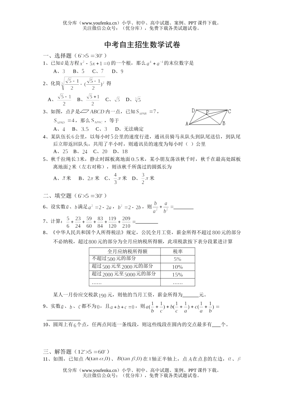 初中数学中考中考自主招生试卷_第1页