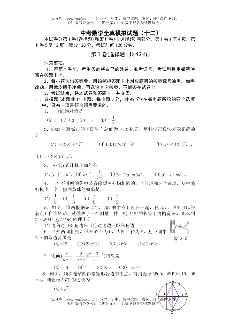 初中数学中考中考全真模拟十二试卷_第1页