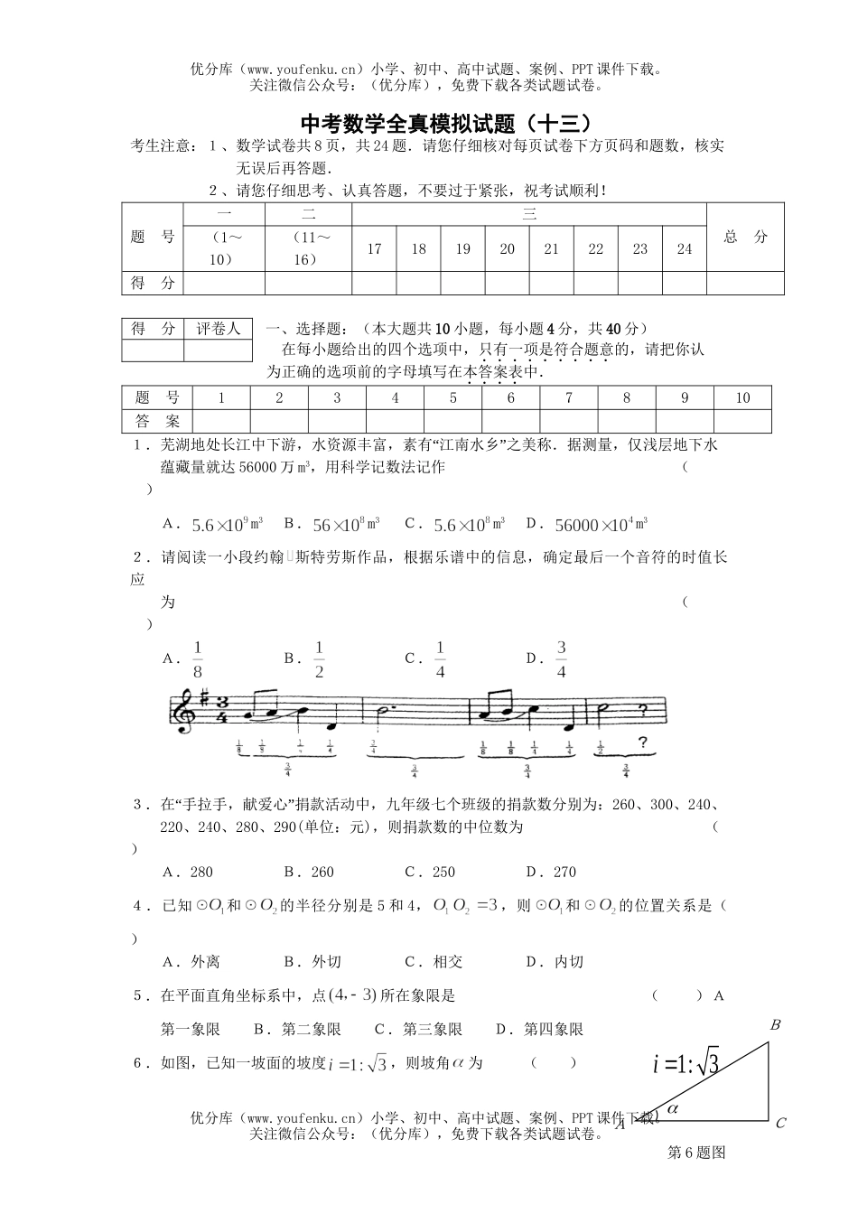 初中数学中考中考全真模拟十三试卷_第1页