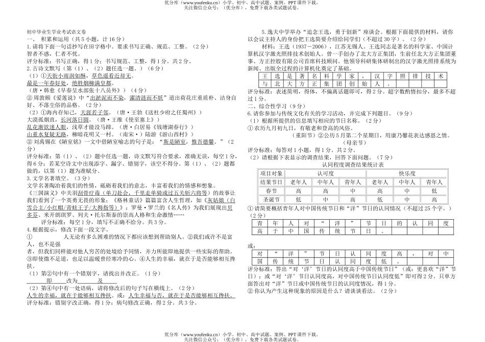 初中语文中考毕业生学业考试卷10试卷_第1页