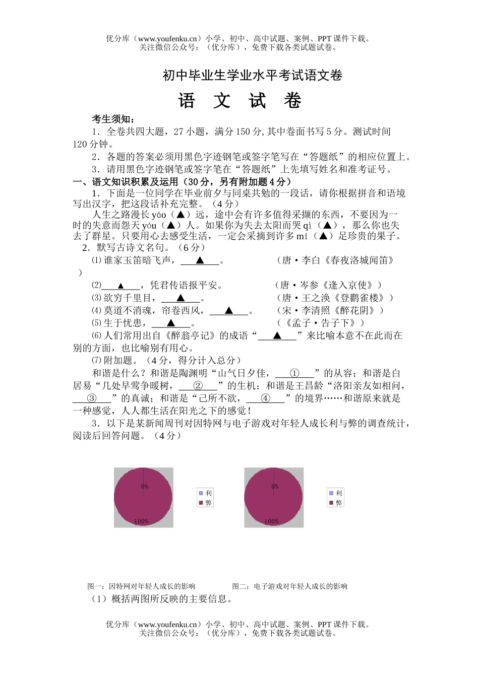 初中语文中考毕业生学业水平考试卷_第1页