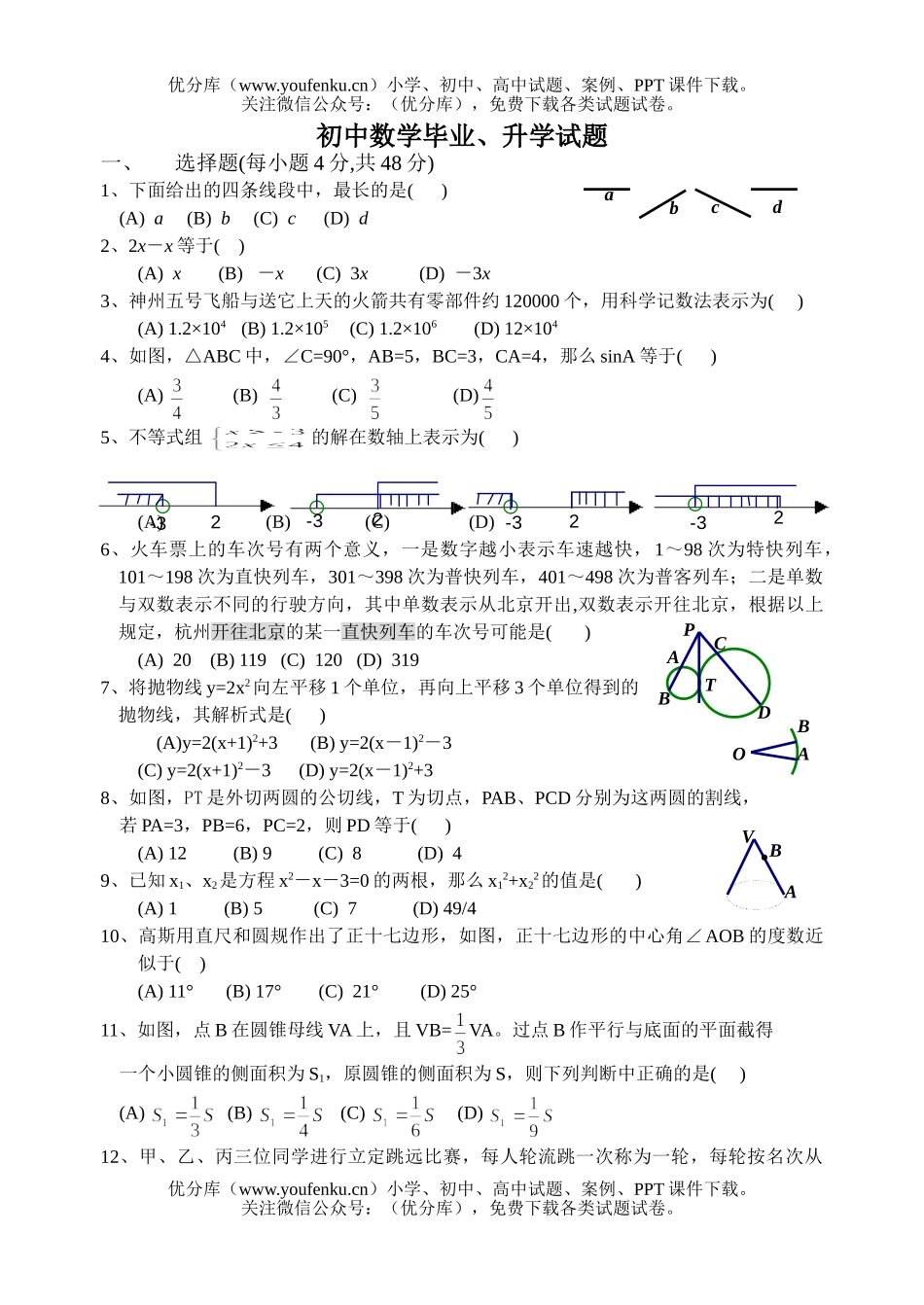 初中数学中考毕业、升学试卷_第1页
