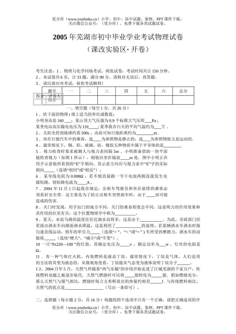 初中物理中考芜湖市中考试卷_第1页