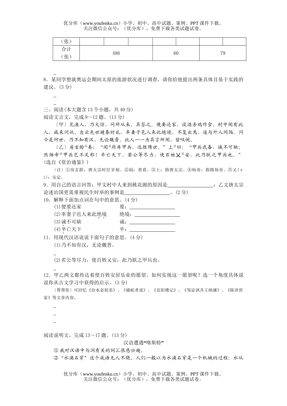 初中语文中考08年太原市学业考试卷_第2页
