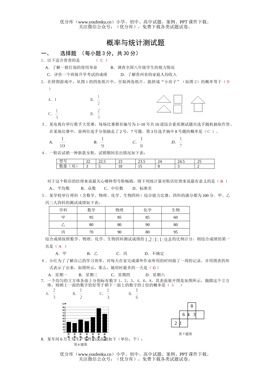 初中数学中考中考概率统计单元训练试卷_第1页