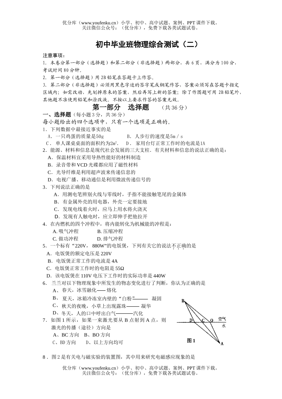 初中物理中考毕业班综合测试卷_第1页