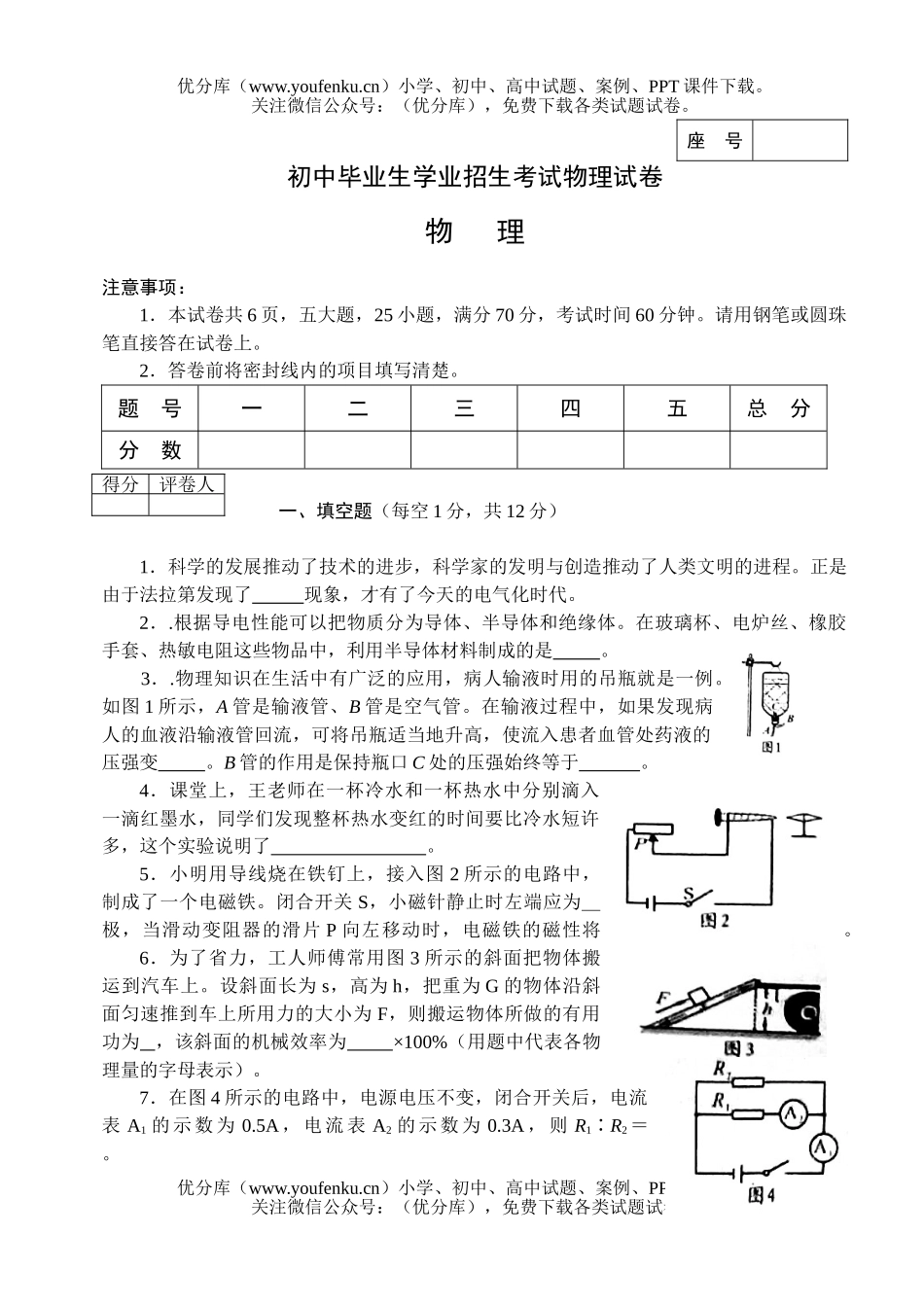 初中物理中考毕业生学业招生考试卷_第1页