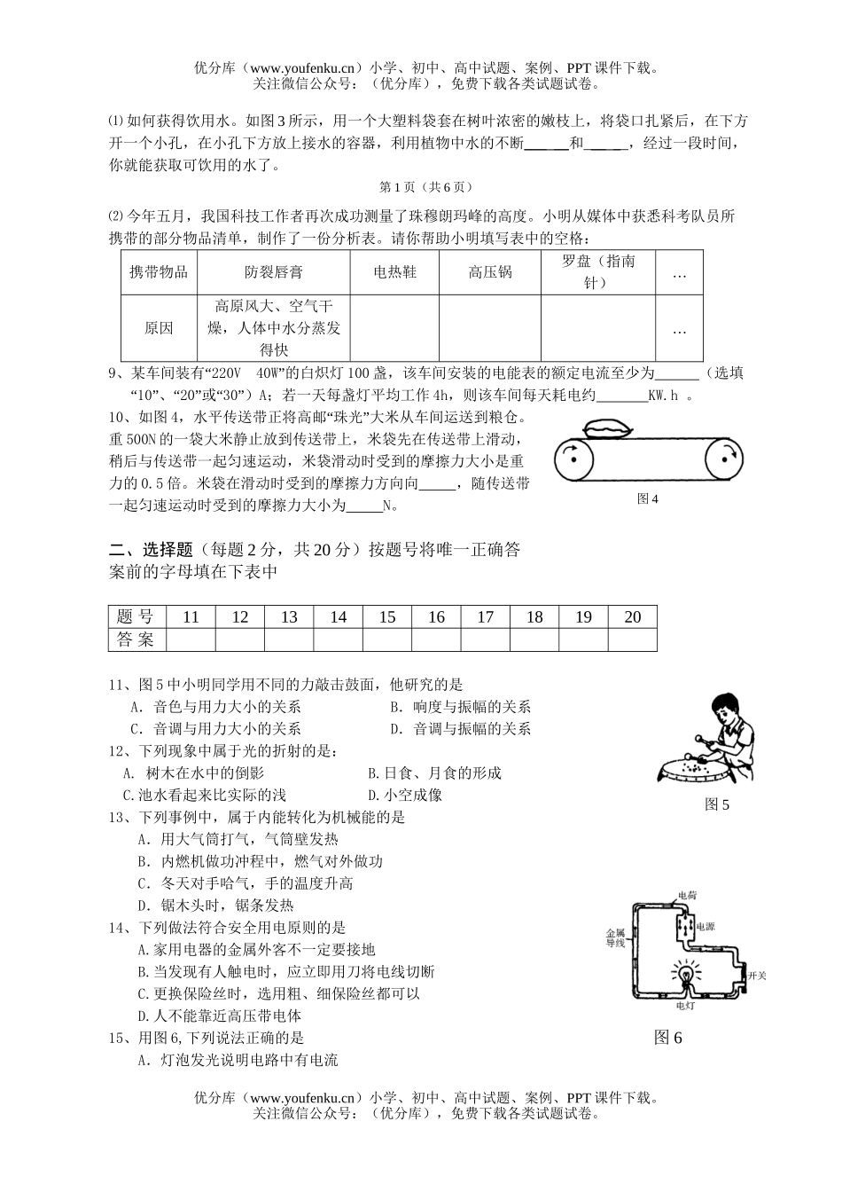 初中物理中考毕业、升学统一考试中考试卷_第1页