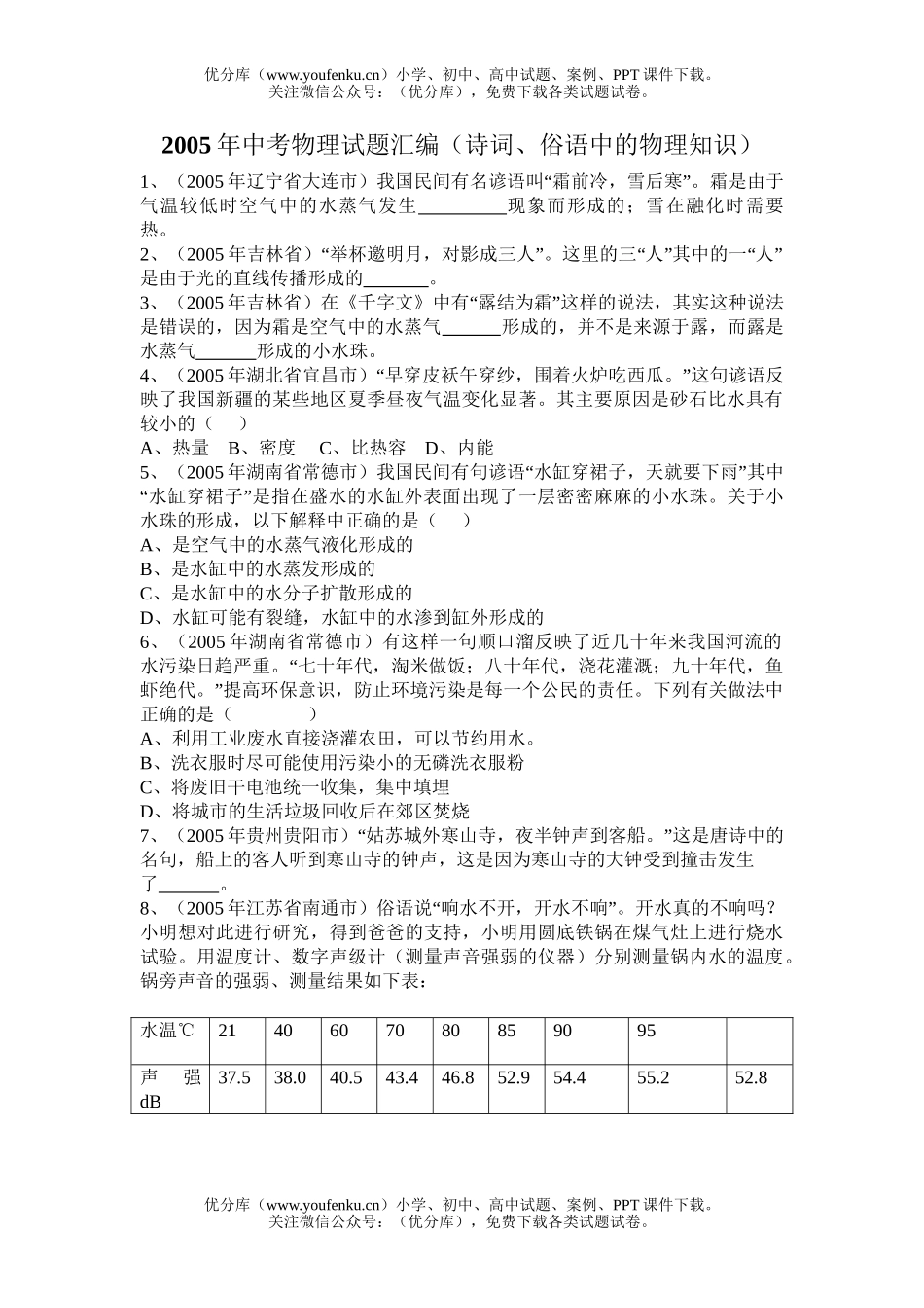 初中物理中考2005年中考汇编(诗词、俗语应用的知识)试卷_第1页