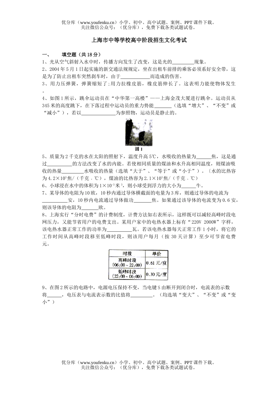 初中物理中考上海市中考及答案试卷_第1页