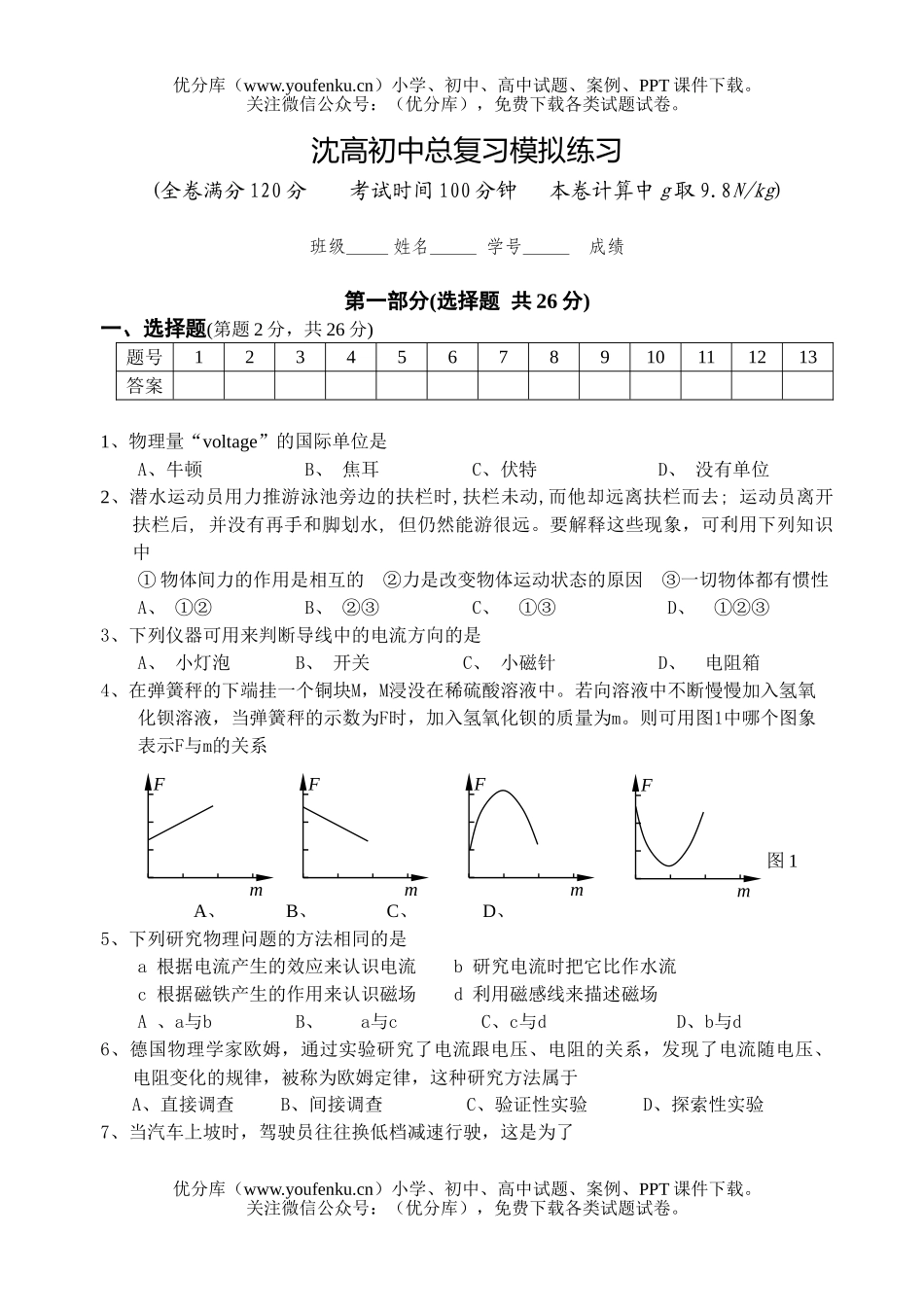 初中物理中考中考沈高模拟考试卷_第1页